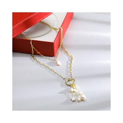 China Wholesale TT Jewelry Double Bead Copper Necklace Women Romantic Gift Jewelry 18k Gold Plated Pearl Chain Necklace for sale