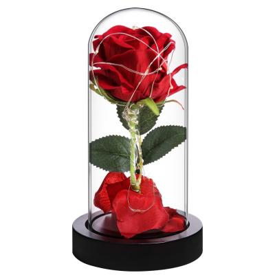 China Hot Valentine's Day gifts silky fabric+glass+wood beauty and beast Rose lamp with wood base home decorations led night lamp 3D Rose table light for sale