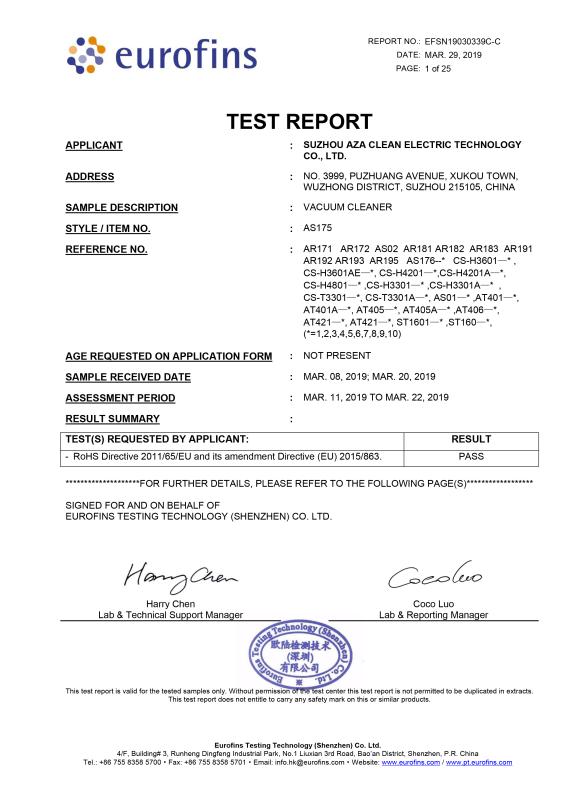 RoHS - Suzhou AZA Clean Electric Technology Co., Ltd.