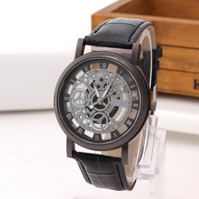 China Automatic Date Fashion Business Skeleton Watch Engraving Hollow Quartz Wristwatch Dress Band Leather Clock for sale