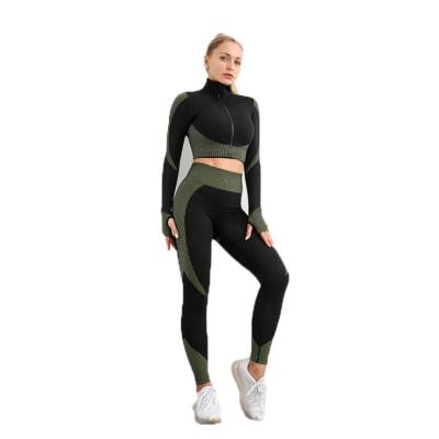 China QUICK DRY Women Winter Autumn 2Pcs Set Yoga Sports Seamless Gym Gaiters Long Sleeve Top Crop Jacket Fitness Sportswear Tracksuit for sale