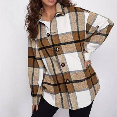 China New Winter Fashion Anti-wrinkle Women Ladies Clothing Black Turn-Down Collar Plaid Shirt Fashion Coat for sale