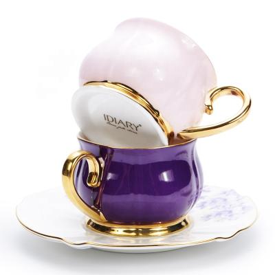 China Viable European Purple Rose Flower Ceramic Tea Set Coffee Set With Gift Box Bone China Coffee Set for sale