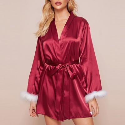 China Pink silk/cotton satin long feather fur nightgowns wholesale purple silk cusom long robe women satin robes with fur for sale