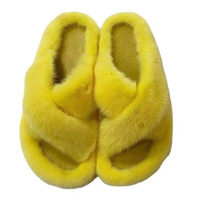 China 2021 Trend New Fashion Ladies Stripe Mink Fur Fluffy Cross Slippers Home Fashion Plush Slippers For Women for sale