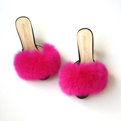 China Wholesale Women's Shoes Large Real Black Fluffy Fox Fur Heels Easy To Use Casual Slippes For Women for sale