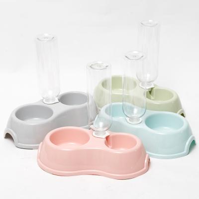 China Viable Color Double Cat Bowl Automatic Pet Feeder Water Food Bowl Plastic Bottle Cat Automatic Feeder Macaron for sale