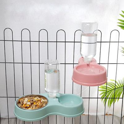 China Viable Hanging Cage Fixed Pet Double Cat Bowl Water Food Feeder Dispenser Stainless Steel Dog Bowl Bottle for sale