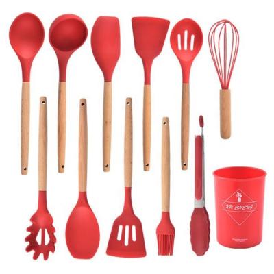 China Sustainable SHINY Netting Silicone Kitchen Utensils Set With Wooden Handle for sale