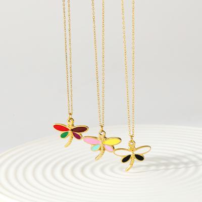 China Cute Fashion Stretching Dragonfly Pendant Necklace With Color Drip Oil Design Stainless Steel Choker Thin Chain Necklace for sale