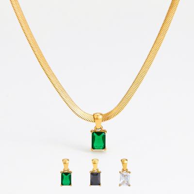 China TRENDY 14k Gold Plated Small Rectangle Stainless Steel Green Cubic Zircon Flat Snake Chain Choker Pendant Necklace for sale