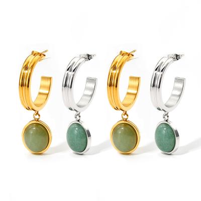 China CLASSIC Factory Wholesale Platinum Plated Geometric Oval Earrings Natural Green Aventurine Stone C-Shaped Dangle Earrings for sale