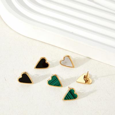 China Romantic 14K Gold Plated Stainless Steel With Malachite Natural Stone Inlay Heart Shaped Stud Earrings For Women for sale