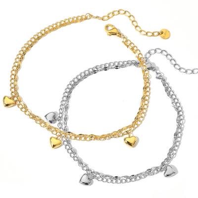 China TRENDY Popular Peach 3d Stainless Steel Double Layer Fashion Heart Shaped Dangling Anklets For Women for sale