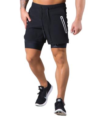 China Wholesale High Quality Breathable Casual 2 In 1 Zipper Men's Gym Shorts With Phone Pocket Men Polyester Fitness Training Sports Shorts for sale