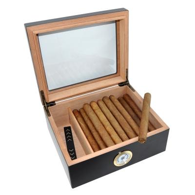 China Hot Selling Eco-Friendly Ebony Cigar Humidor with Tempered Glass Top Display, Hygrometer and Separate Humidifier for sale