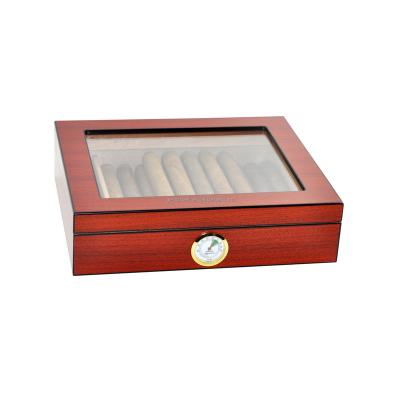 China Custom 20-25 Count Cedar Wood Cigar Case Luxury Spanish Desktop Tempered Glass Top Wooden Cigar Humidor for sale