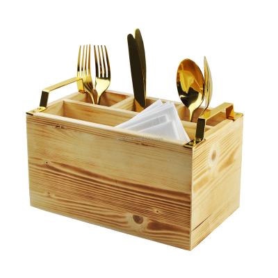 China Sustainable Wood Trolley With Metal Handles 4 Compartments Rustic Wooden Cutlery Utensil Rack Flatware Rack For Kitchen Or Bar for sale