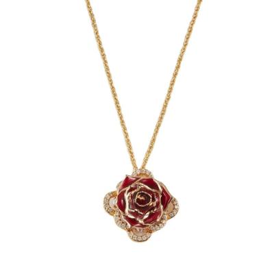 China Romantic Most Popular Metal Red With Rhinestone Decoration Rose Flower Shape Flower Necklace for sale