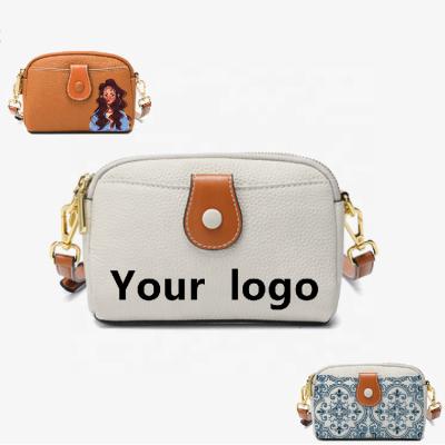 China Customizable Cowhide Top Layer Leather Ladies Women Logo Print Adjustable Crossbody Small Bags For Cross - Body Shoulder Bag for sale