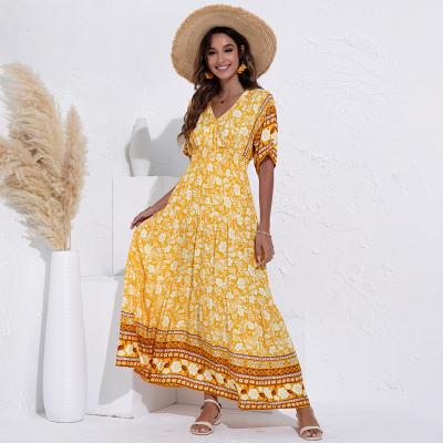 China ATUENDO Summer Anti-Static Bohemian Yellow Dress For Women Fashion Solid Green Satin Maxi Dress Casual Wedding Guest Soft High Waist Dresses for sale