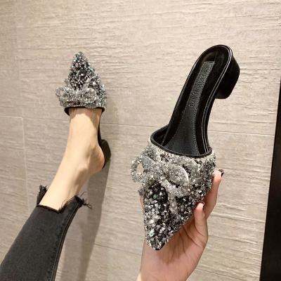 China 2021 summer and fall cute glitter bow tie factory wholesale price waterproof mule heel shoes for ladies for sale