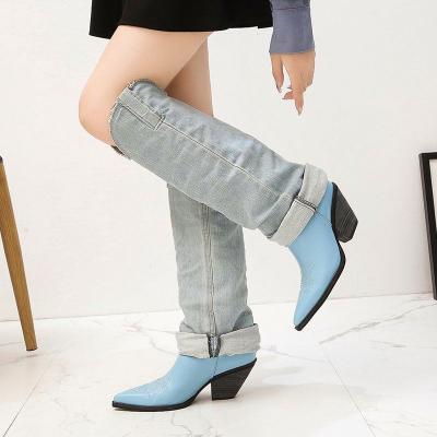 China Free Shipping Anti-Smell Women Denim Jean Knee High Boots Mid Calf Bootie Ripped Oversized Cowboy Boots Sale Winter Hot Spring for sale