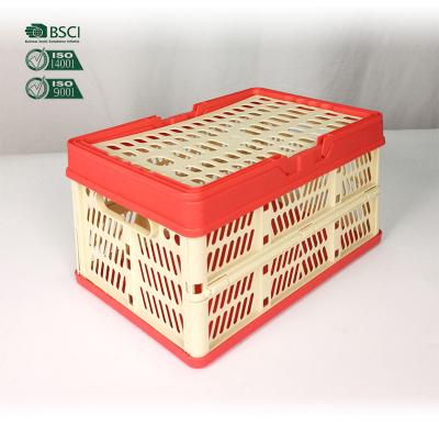 China Sustainable Small Folding Plastic Handle Stackable Vegetable Fruit Basket for sale