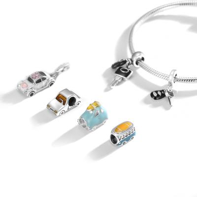 China Real 925 Sterling Silver Small And Cute FASHIONABLE Enamel Car Charms Blue And White Beads Bulk To Charm Bead Bracelet Jewelry Inscription for sale