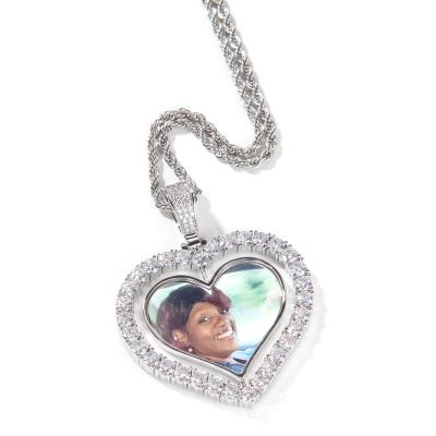 China Custom Hip Hop Jewelry Photo Memory Lockets Picndant Necklaces Turn Heart Zircon Diamond Necklace for sale