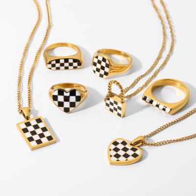 China 2021 Casual/Sporty New Arrival 18k Gold Plated Stainless Steel Party Jewelry Black And White Chess Plaid Pattern Rings Pendant Necklace Set for sale