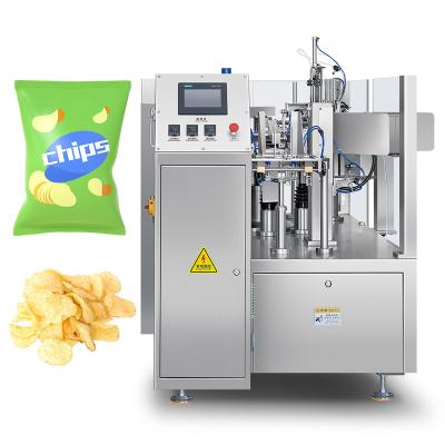 China Food Automatic Puffed Food Pillow Bag Rotary Premade Packing Machine Potato Chips Packing Machine with Nitrogen for sale