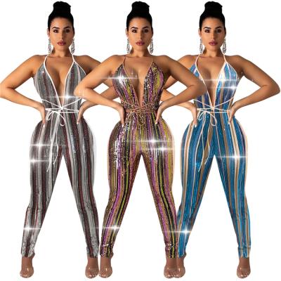 China Z1287 New Arrival Anti-pilling Sequin Backless Design Print Halter Overalls Cute Bodycon Burning Split Overalls Women Playsuits for sale