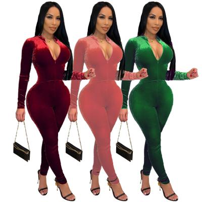 China Z1016 new winter anti-pilling solid velvet long sleeve jumpsuits for women velvet warm zipper one-piece overalls for sale