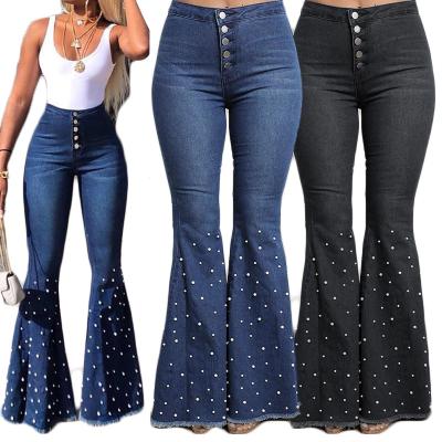 China Classic Color Fade Proof Z1193 Women's High Waist Pearl Flared Bell Bottoms Wide Leg Jeans for sale