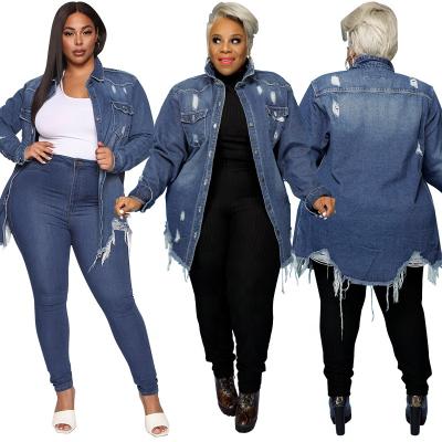 China Z0571 Waterproof Lattice Jackets Denim Casual Ditch Coat In Women's Long Sleeve Plus Size Fall Ripped Denim Jackets Coat Blue for sale