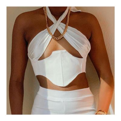 China Breathable Fashion Women Halter Sleeveless Tie Up Stretchy Bandage Tanks 2021 Spring Summer Female Stylish Crop Streetwear Top Clothing for sale