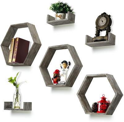 China Rustic Wooden Bathroom Factory Direct Sales Minimalist Hexagon Wooden Wall Hanging Display Stand Wall Shelf Brackets for sale