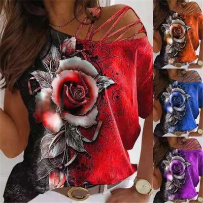 China New 2021 Summer LN3475 Breathable Casual Flower Printed Hollow Strapless Plus Size T-shirt Women Tops for sale