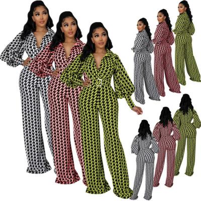 China Anti-pilling new fashion trends slim fit ladies overalls print lantern blast sleeve wide leg overalls with belt for sale