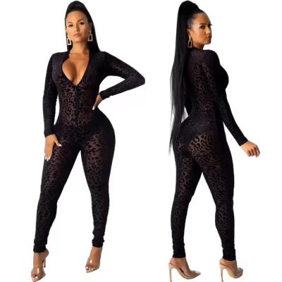 China QUICK DRY women's clothing supplier plus-size leopard mesh flocking long sleeve jumpsuit for sale