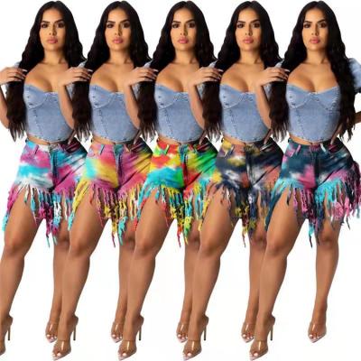 China LN3688 2021 Summer New Fashion Breathable Tie Dye Tassel Lace Casual Yoga Plus Size Women Jeans Short Pants for sale