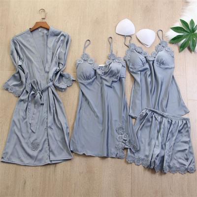 China Fashion Breathable Black Robe Home Dress Four Pieces And Comfortable Lace Pajamas Manufacturers for sale