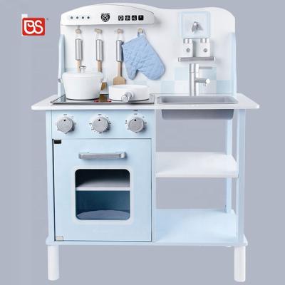 China Wooden Kitchen Toys BS Toy Pink Blue Popular Simulation Exquisite Children Pretend Cook Solid Wooden Set Toy With Kitchen Play Accessories for sale