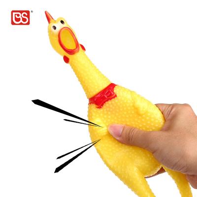 China BS Toy Wholesale Pet Plush Vinyl Stocked Toy Yellow Vent Sound Screaming Chewing Person Dog Squeaky Rubber Chicken With Multiple Size for sale