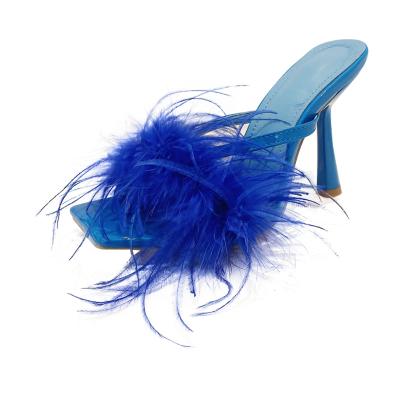 China Wholesale Hot Durable Shoes 2023 Heeled Yellow Shoes Women's Sandals Sexy Real Feather Women's Sandals Stiletto High Heels Slippers for sale