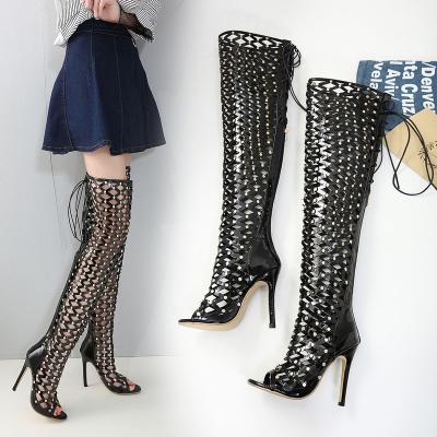 China Lace-Up Hollow-out Studded Mysterious Charming Breathable Holiday Party Nightclub Thigh High Heel Zipper Stiletto Boots Size 35-41 for sale