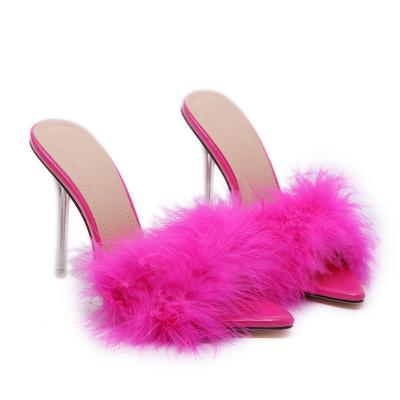 China Fashion Trend Colorful Stylish High Heel Sandals Fur Stilettos Fluffy Slip On Shoe For Ladies Outdoor Holiday Party Nightclub Size 35-41 for sale