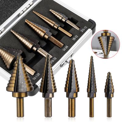 China Straight Drilling 5Pcs Metal Step Drill Bits Pagoda Hole Cutter Cone Drill Bit Hole Opener 316 12 14 34 1-38 78 18 for sale