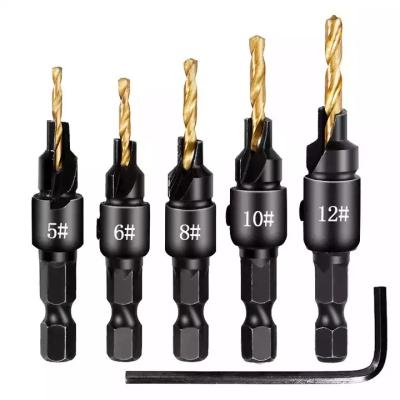 China 5pcs Drilling Countersink Drill Bit HexagonTwist Woodworking Woodworking Set Drill Pilot Holes For Screw Sizes #5 #6 #8 #10 #12 for sale